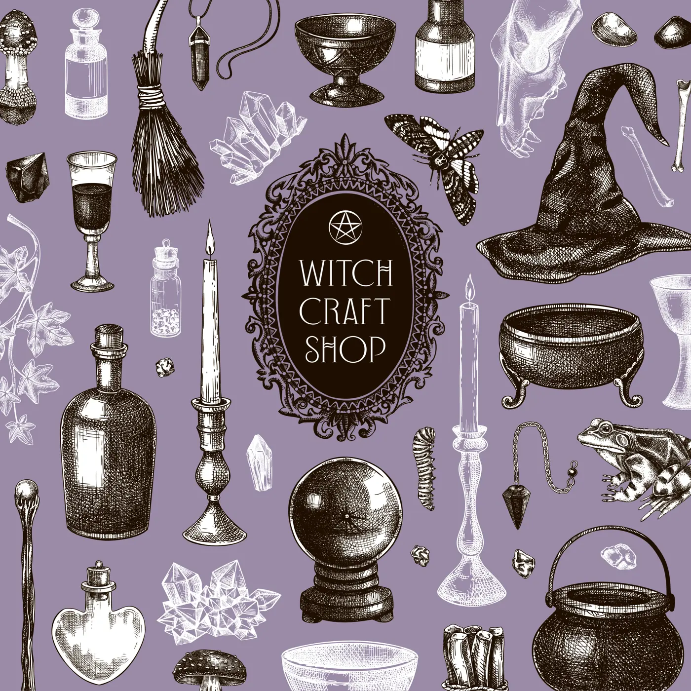 Witch party invitation design. Bohemian style Halloween hand-drawn vector illustration. Witchcraft sketches. NOT AI generated Illustration